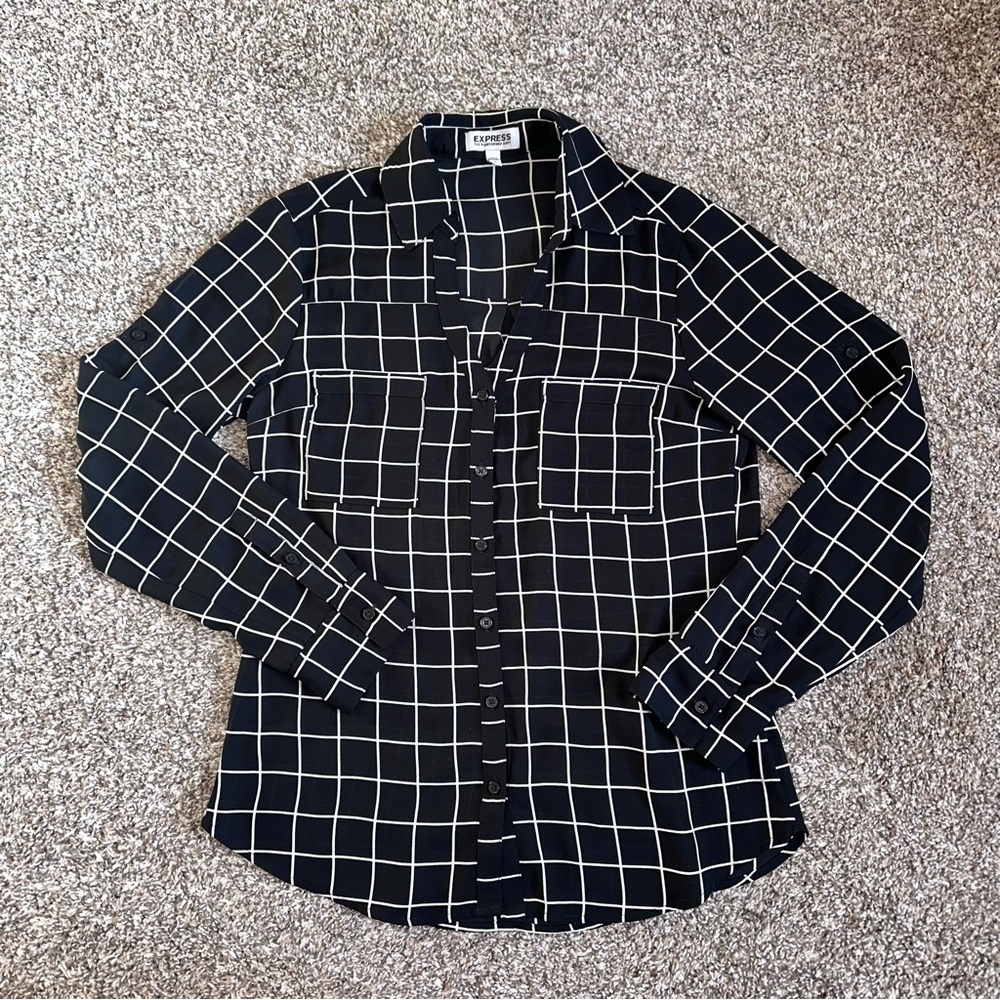 Express The Portofino Shirt Black White Windowpane Pattern Button Up Work XS